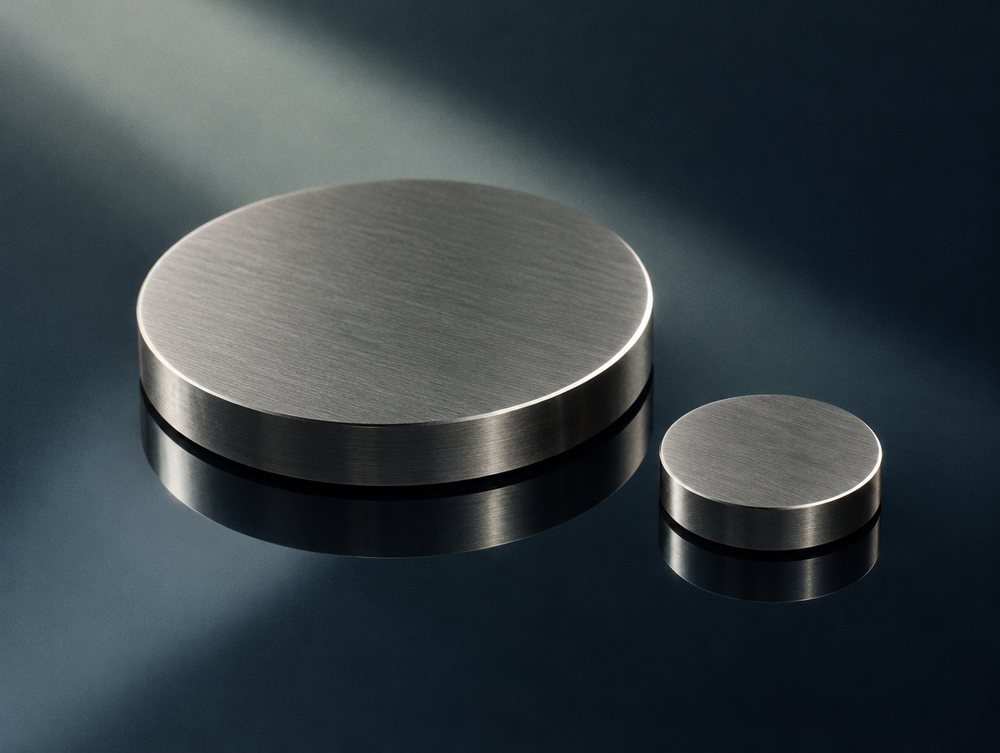 Two metal discs, one large and one small, on dark glass