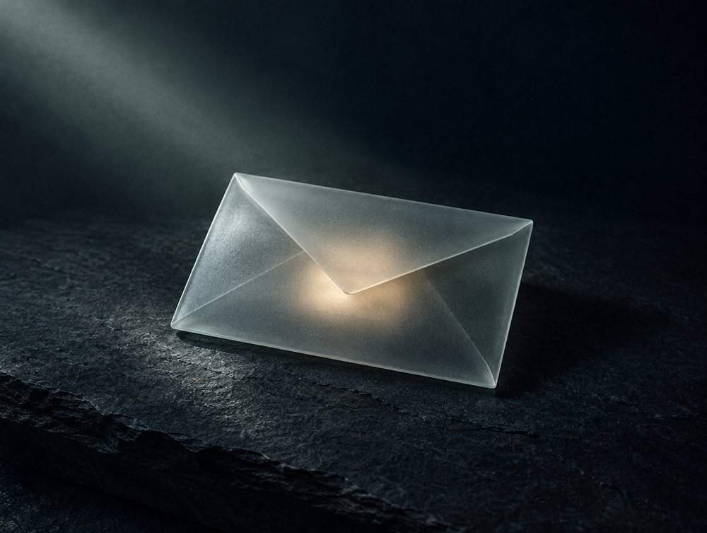 A frosted glass envelope with a glow inside