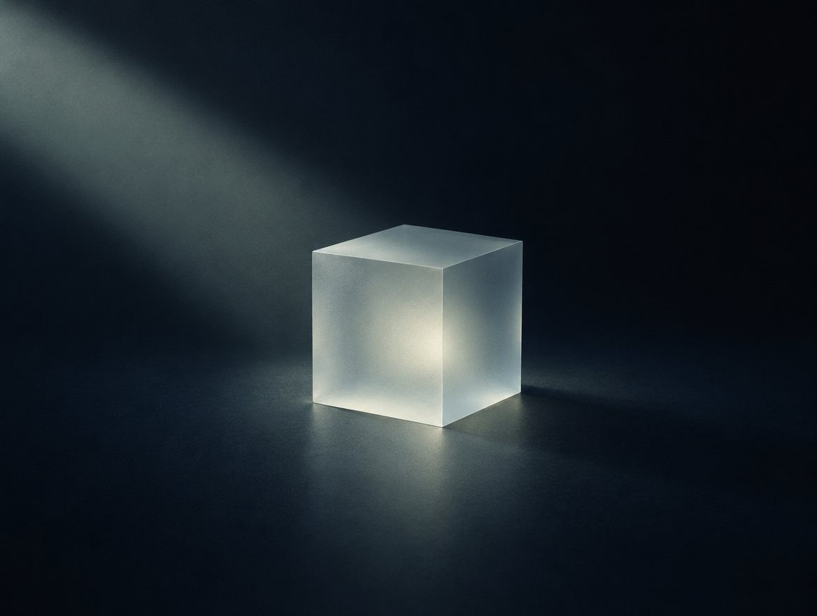 A frosted glass cube lit from one side