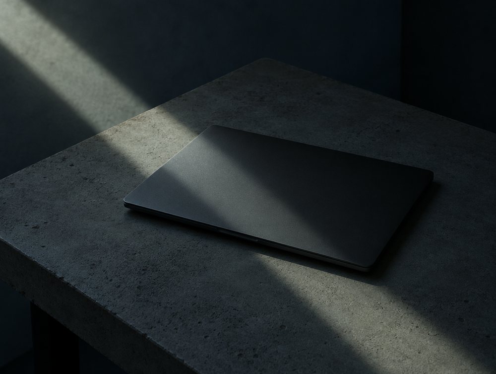 A closed laptop in a beam of light