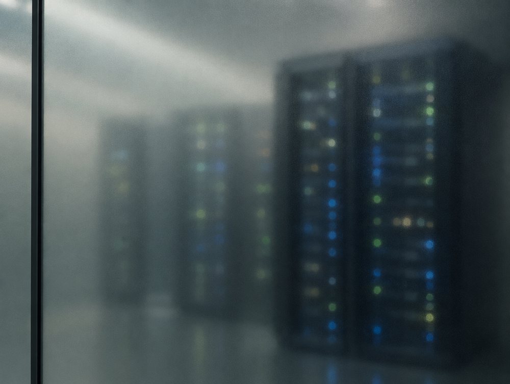 Server racks seen through frosted glass