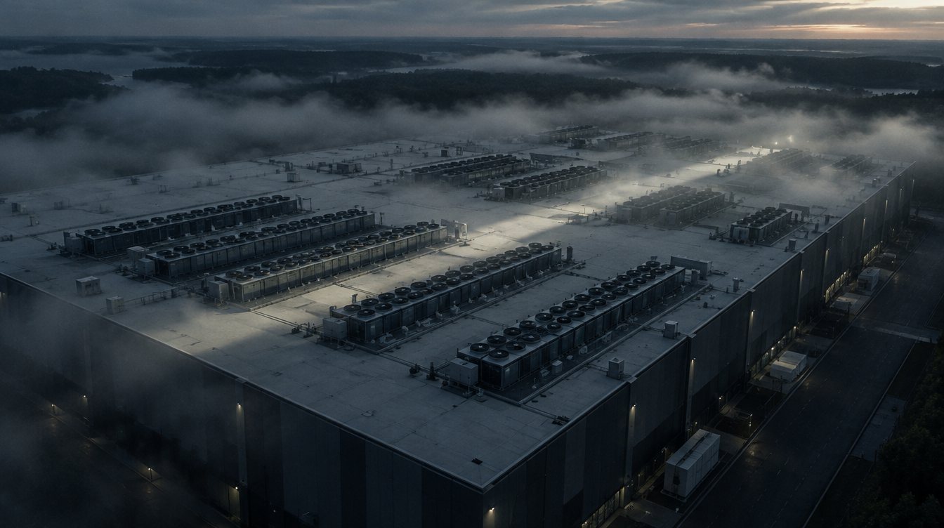 A data center roof under fog