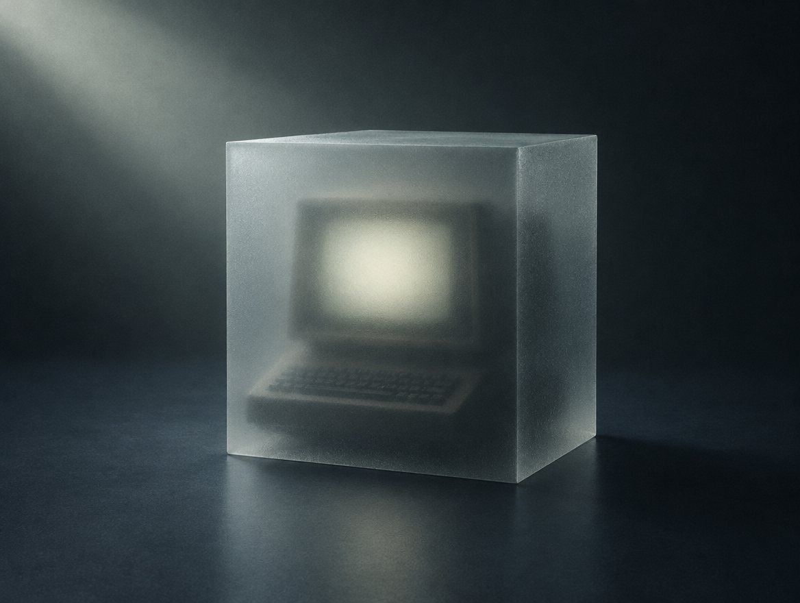 A computer terminal sealed inside a block of frosted glass