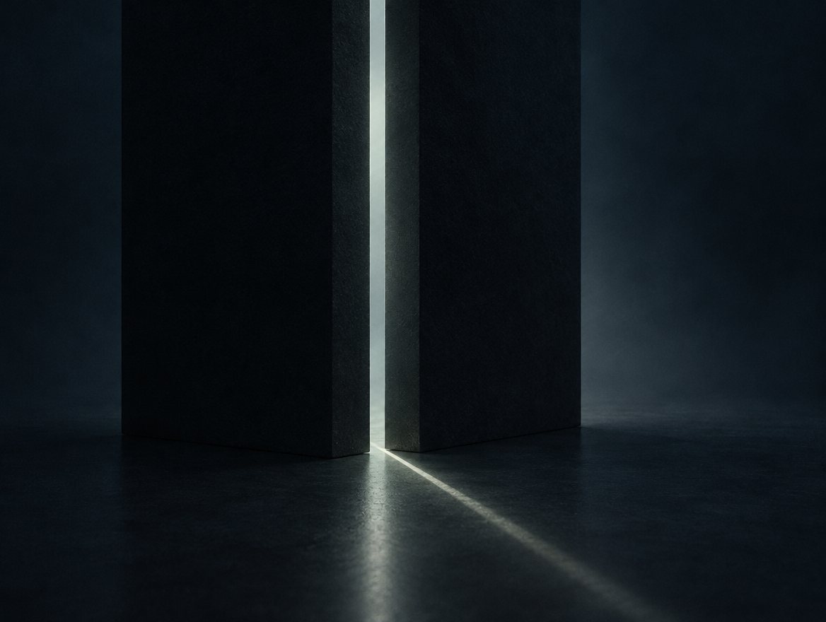 A blade of light passing between two dark slabs