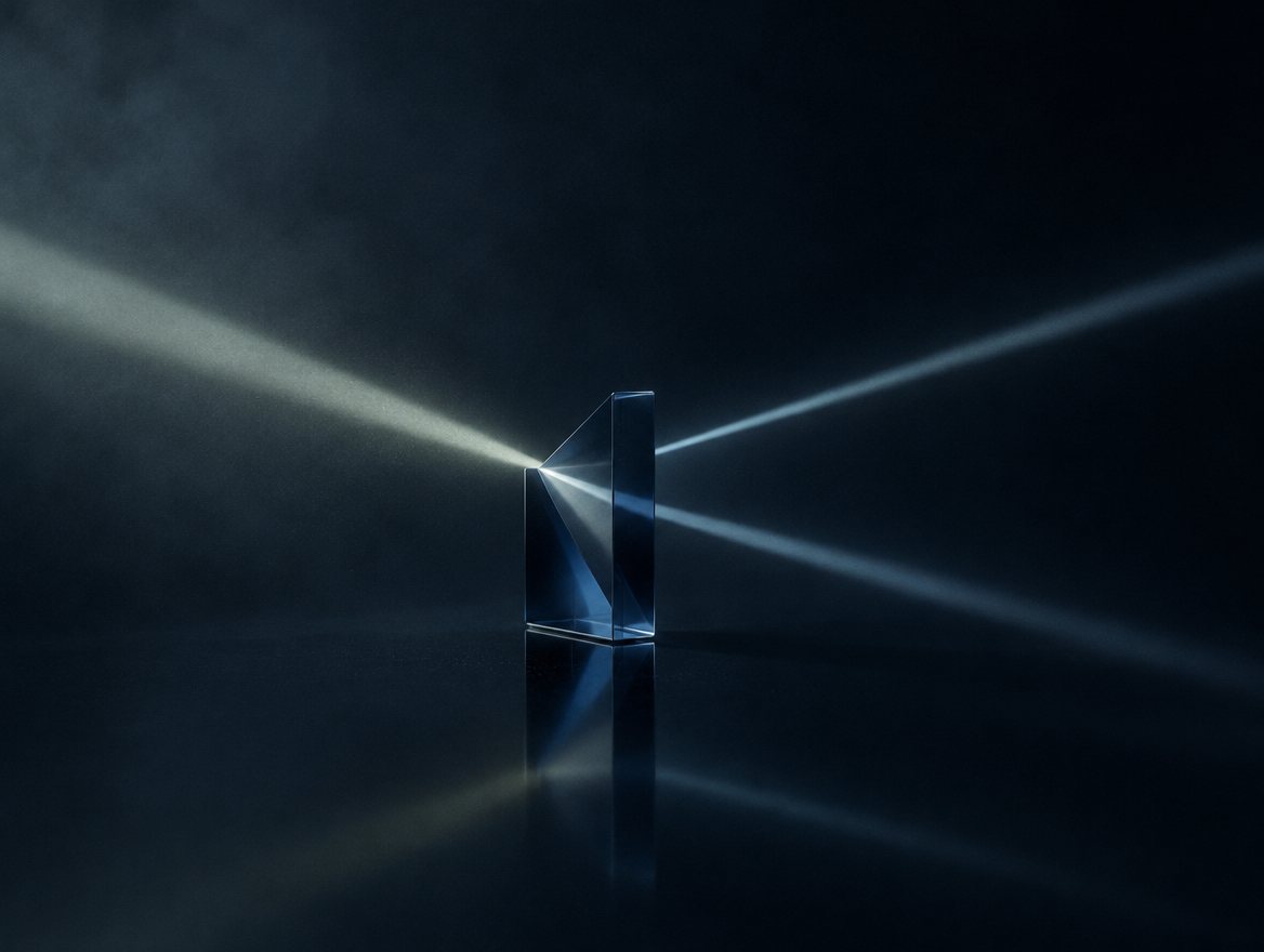 A beam of light splitting in two on dark glass